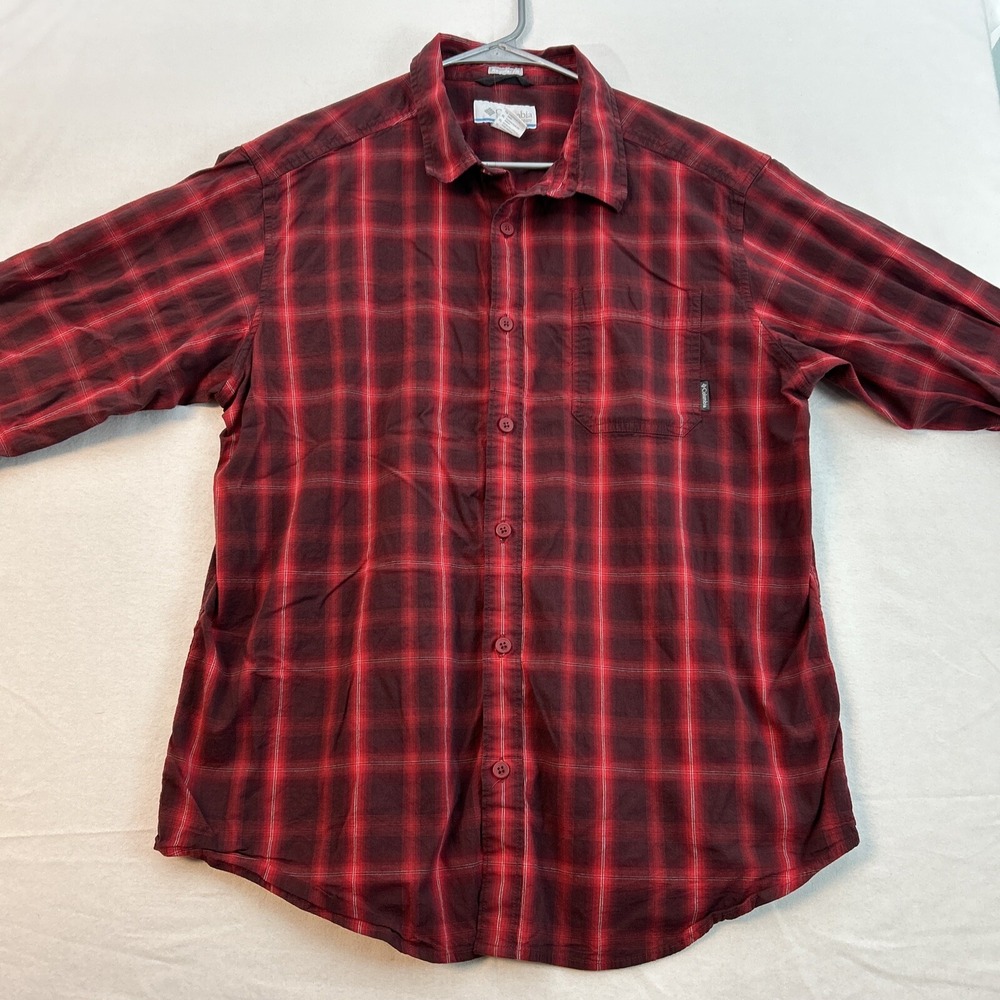 Columbia Mens Long Sleeve Shirt XL Button Up Red Black Plaid Regular Fit
